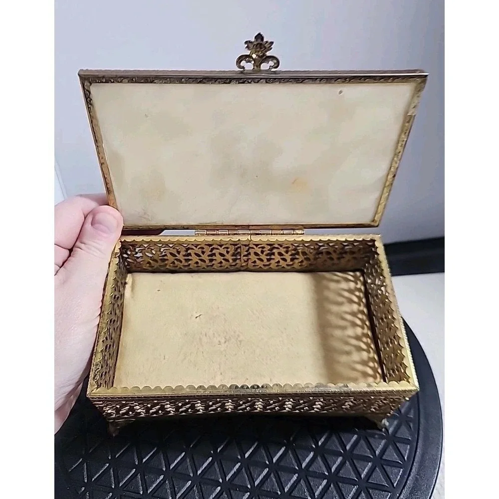 Vintage Art Nouveau Pearl Top Floral Jewelry Trinket Casket Box Filigree